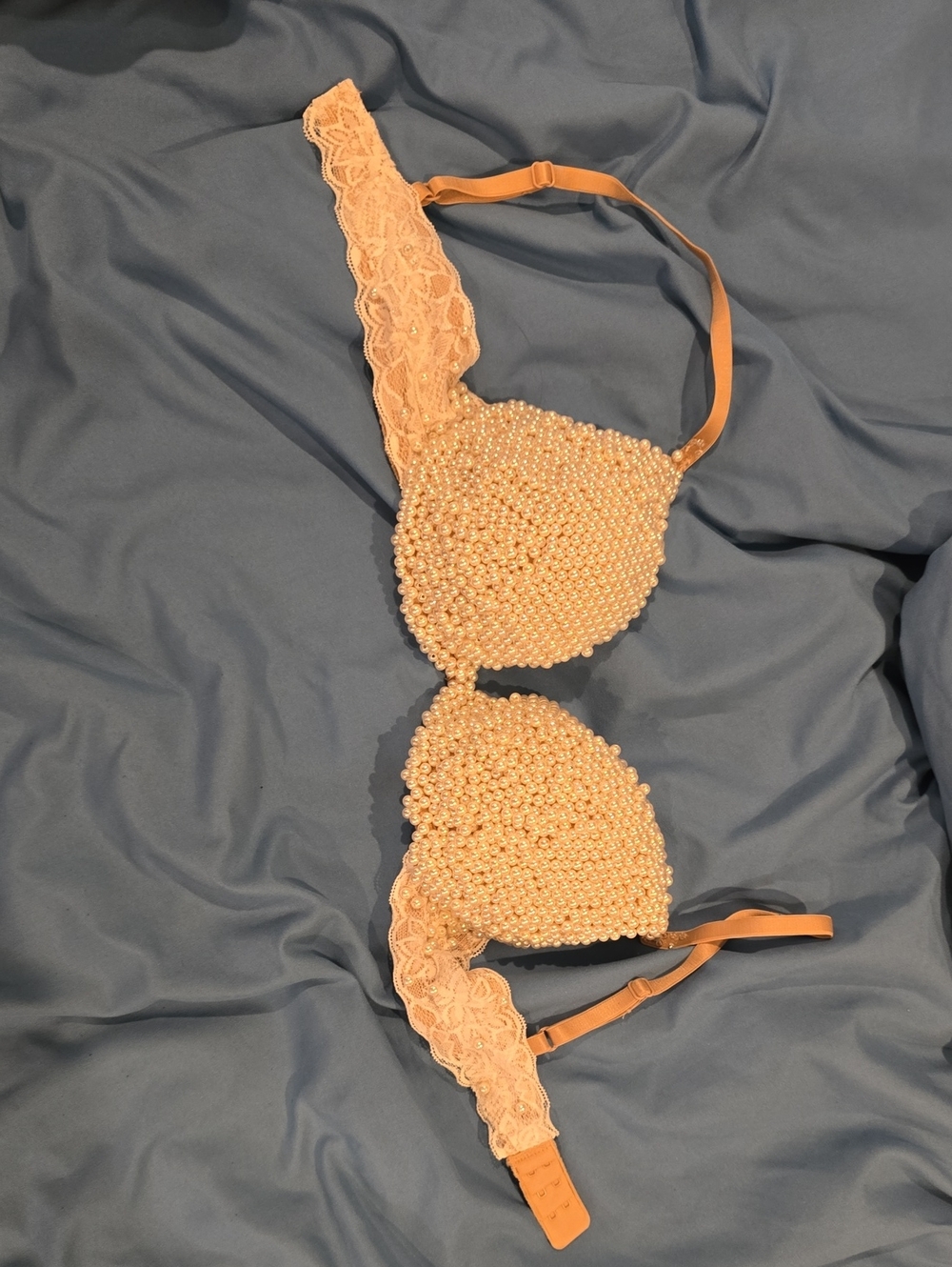 Pearl-Embellished Lace Bra, Size 34B